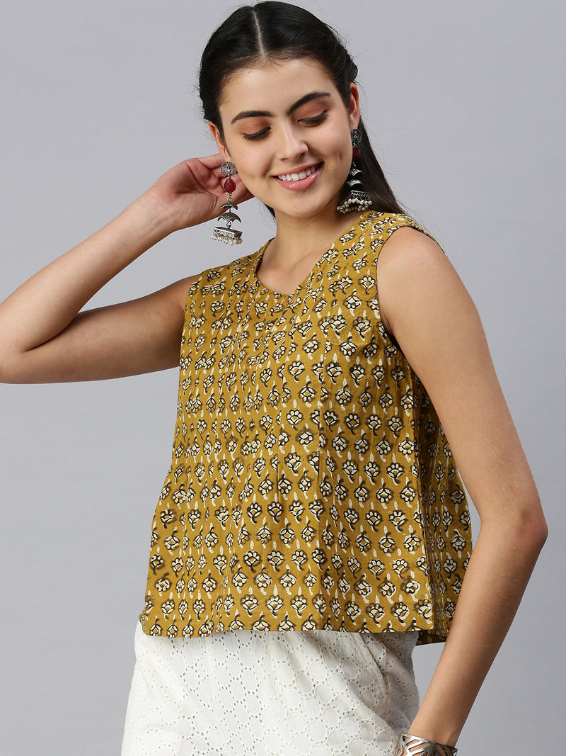 De Moza Womens Printed Peplum Top Cotton Mustard - De Moza