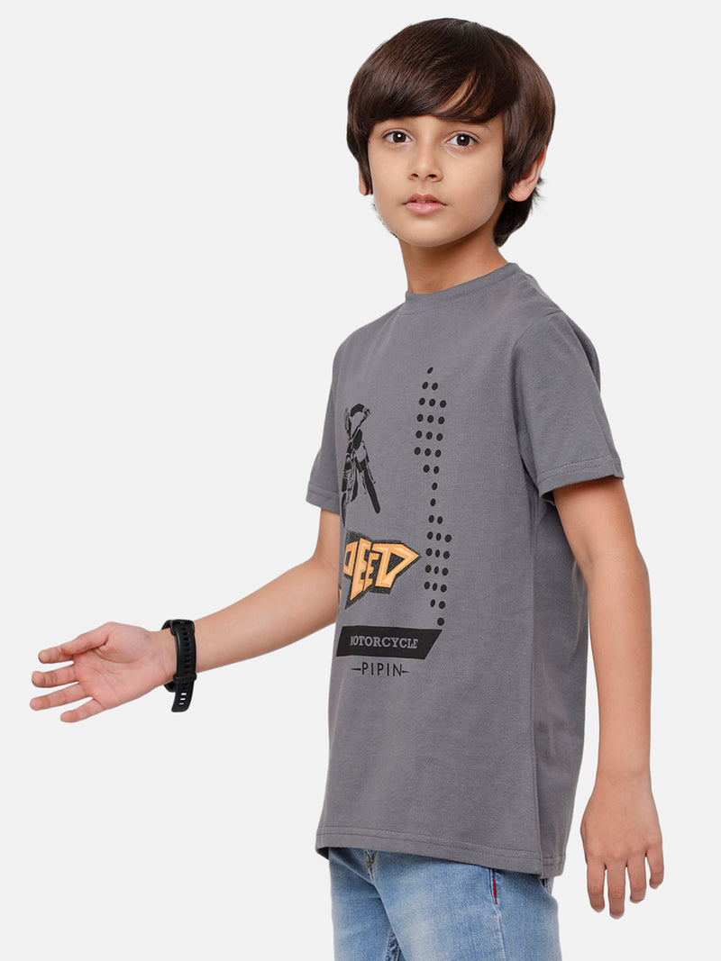 Kids - Boys Printed Half Sleeve T-Shirt Steel Grey