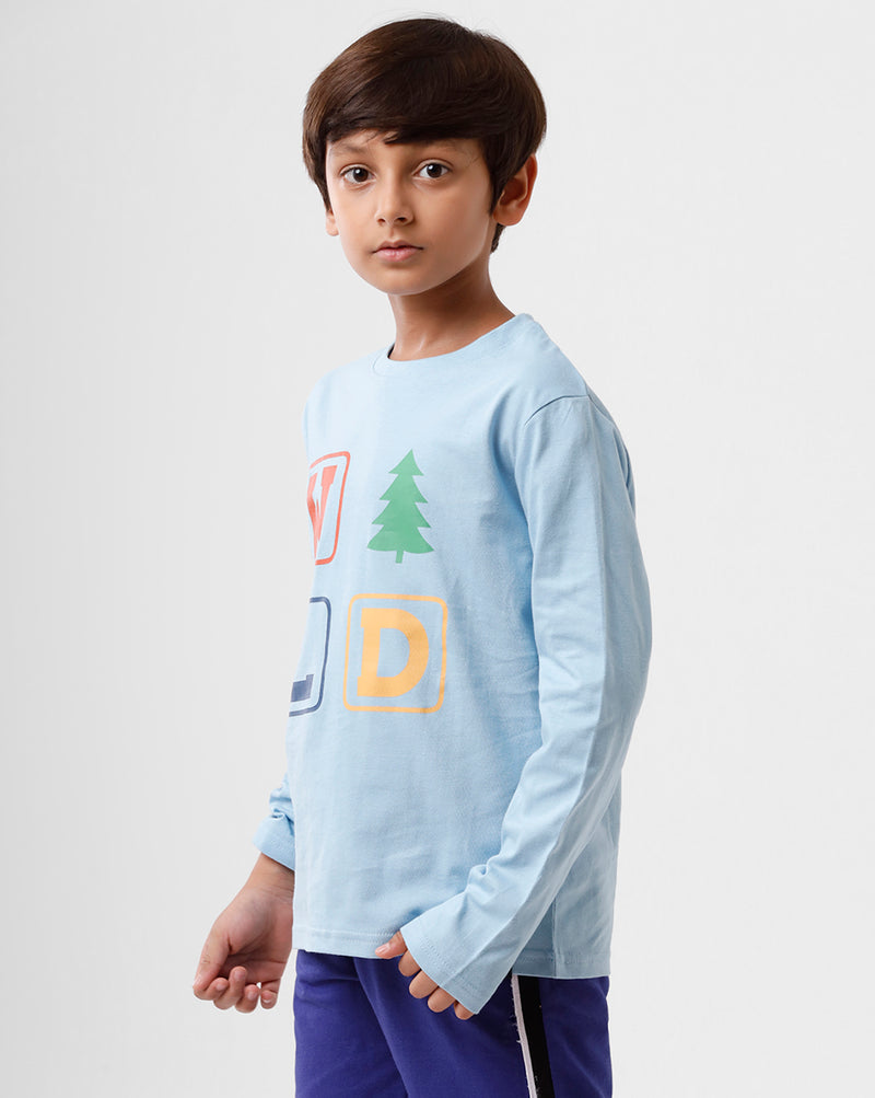 Kids - Boys Printed Full Sleeve T-Shirt Light Blue