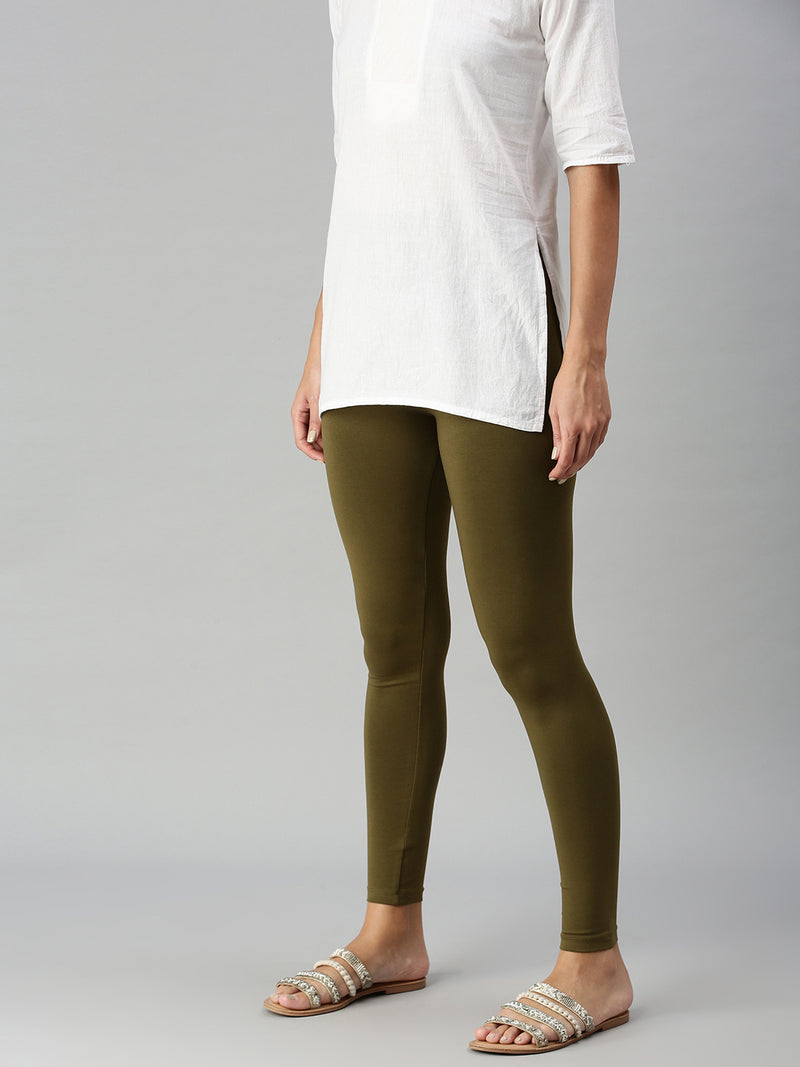 De Moza Ladies Ankle Length Leggings Solid Cotton Olive Green - De Moza