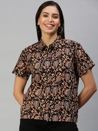 De Moza Women's Printed Half Sleeve Shirt Brown