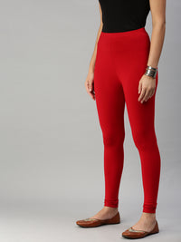 De Moza Women's Ankle Length Leggings Solid Viscose True Red - De Moza