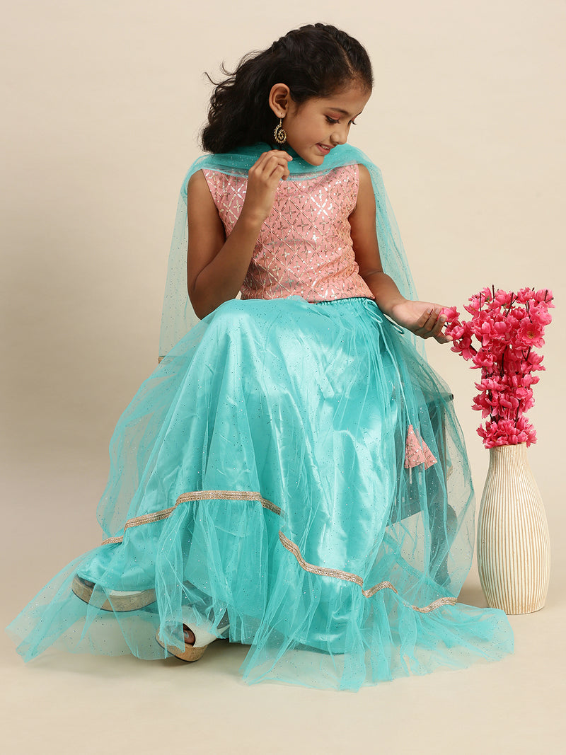 Pipin Girls Printed Lehanga Set Aqua Pink