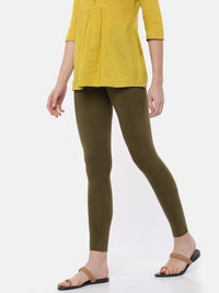 De Moza Ladies Ankle Length Leggings Solid Cotton Olive Green - De Moza