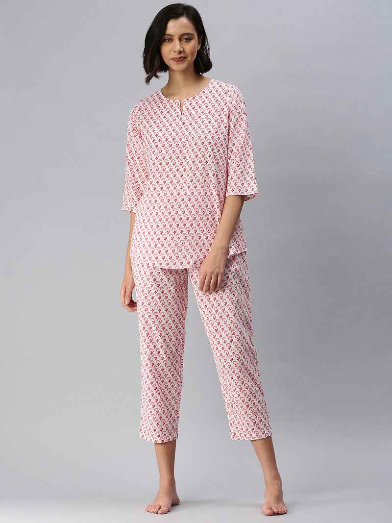 De Moza Ladies Printed Pyjama Set White