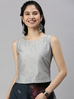 De Moza Womens Sleeveless Crop Top Embroidery Viscose Grey - De Moza