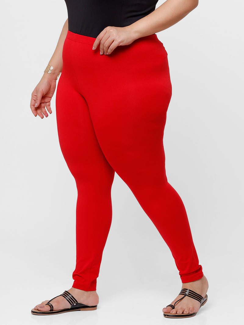 De Moza Ladies Plus Ankle Length Leggings Solid Cotton Red - De Moza