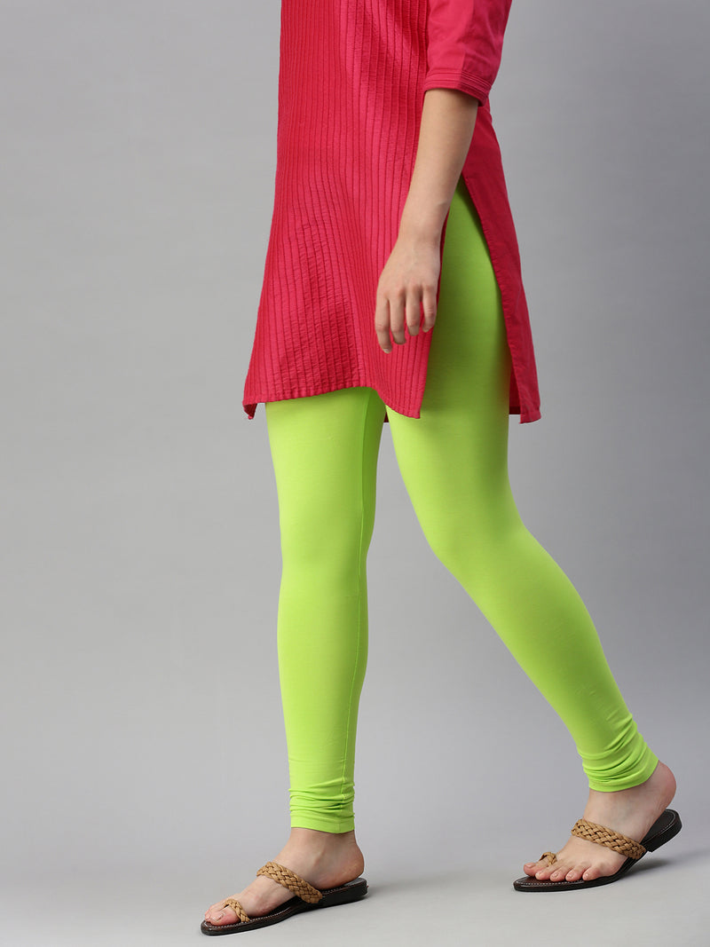 De Moza Ladies Leggings Ankle Length Solid Cotton Leaf Green - De Moza