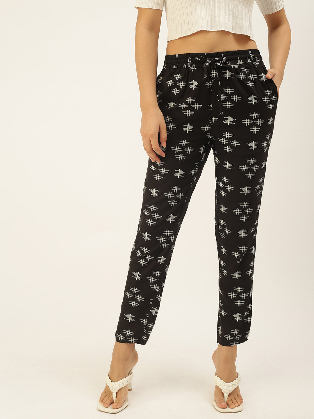 De Moza Ladies Printed Straight Pant Black