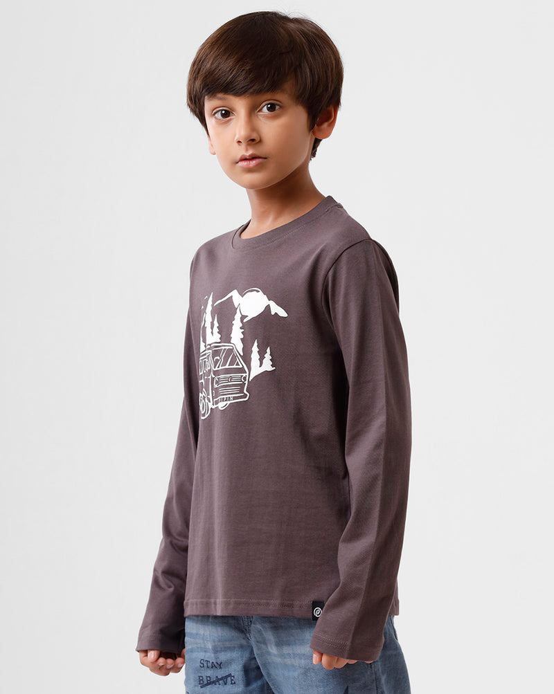 Kids - Boys Printed Full Sleeve T-Shirt Dark Grey