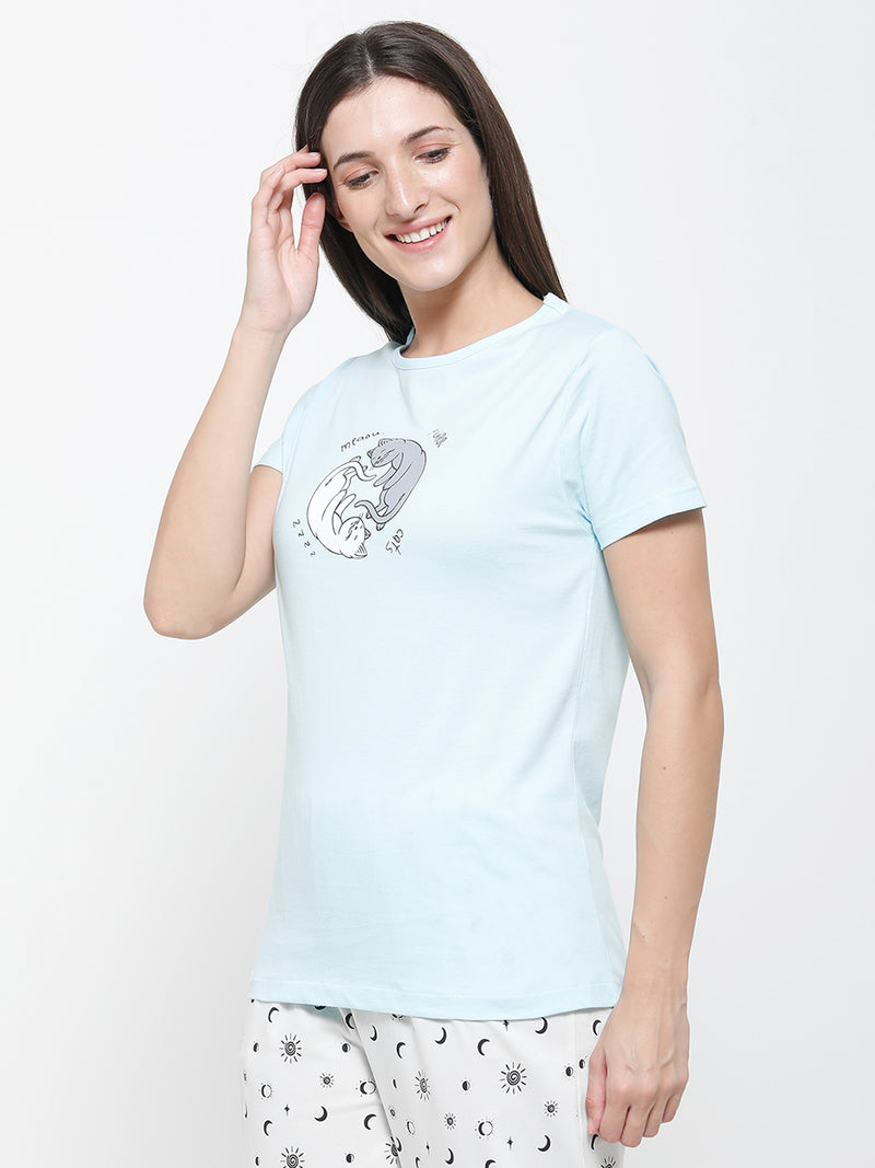 De Moza Ladies Printed Pyjama Tshirt Sky Blue
