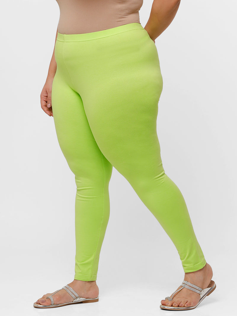 De Moza Ladies Plus Ankle Length Leggings Solid  Cotton Leaf Green - De Moza