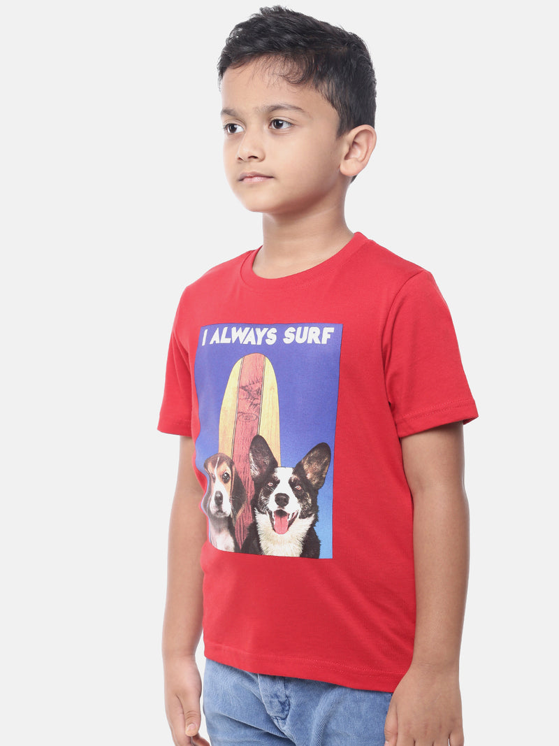 Kids - Boys Printed Half Sleeve T-Shirt Red