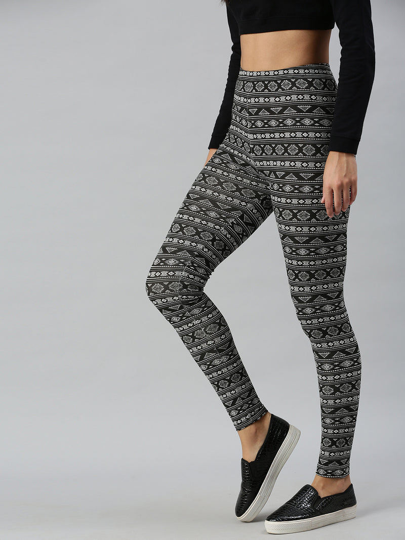 De Moza Ladies Printed Ankle Length Leggings Cotton Black - De Moza