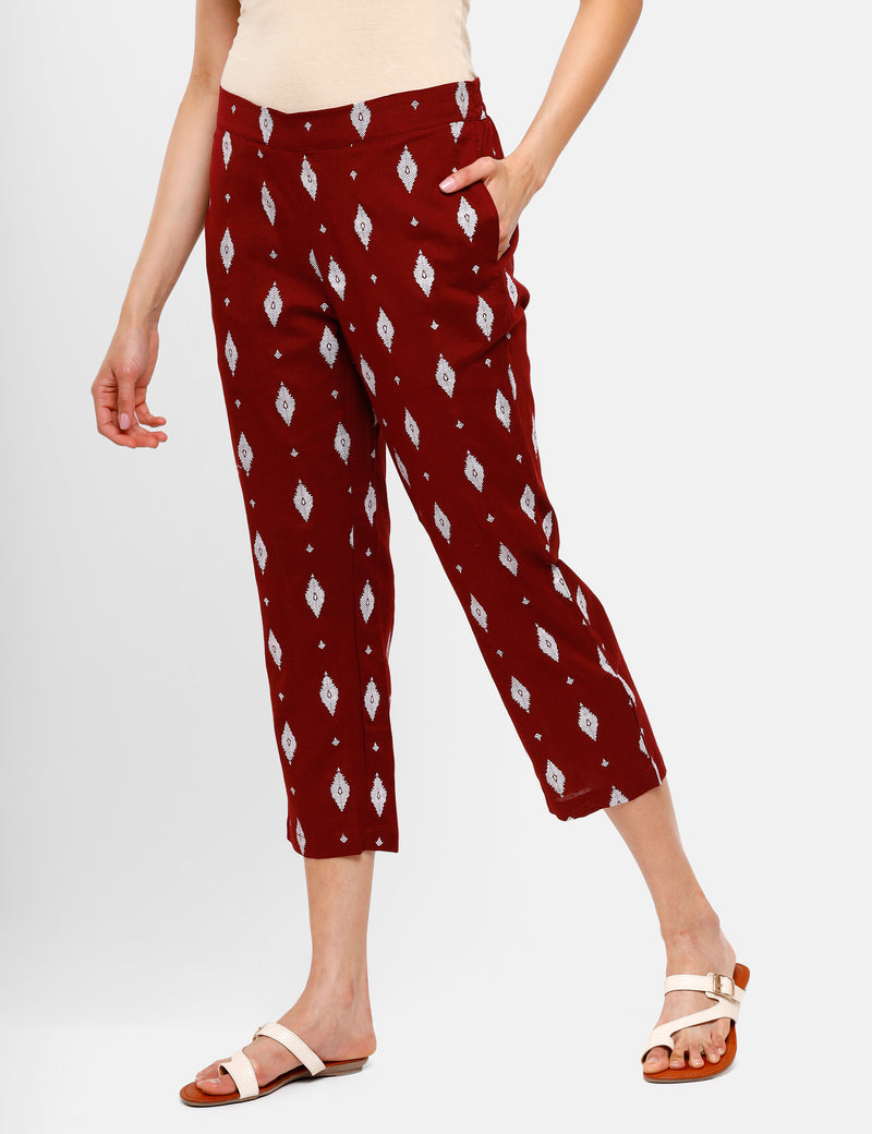 De Moza Ladies Printed Straight Pant Maroon