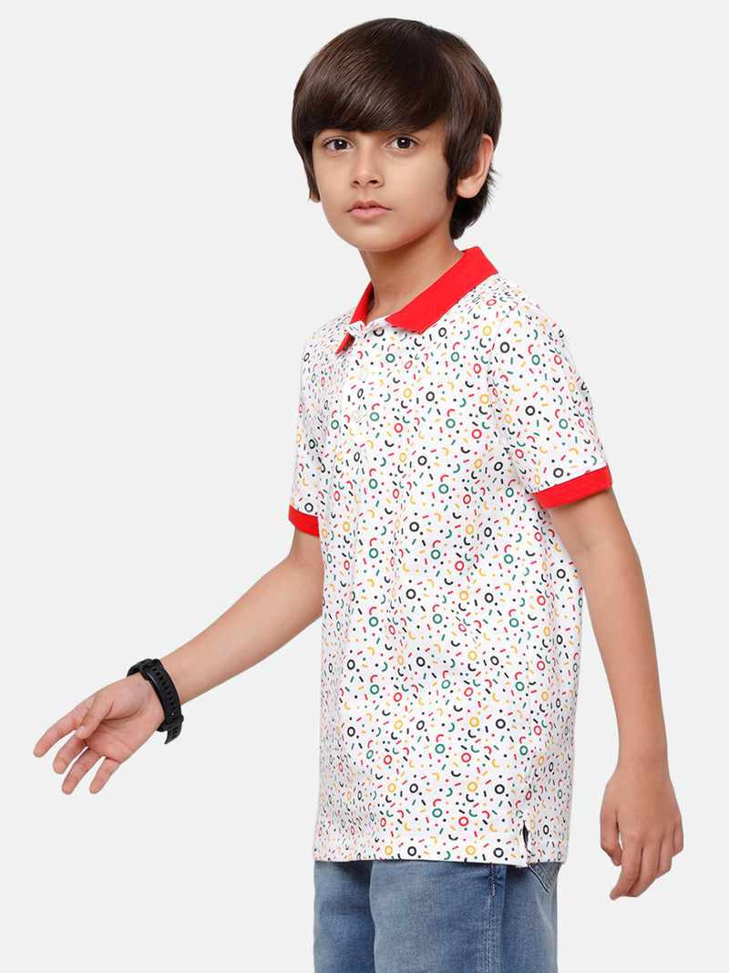 Kids - Boys Printed Half Sleeve T-Shirt White+Red
