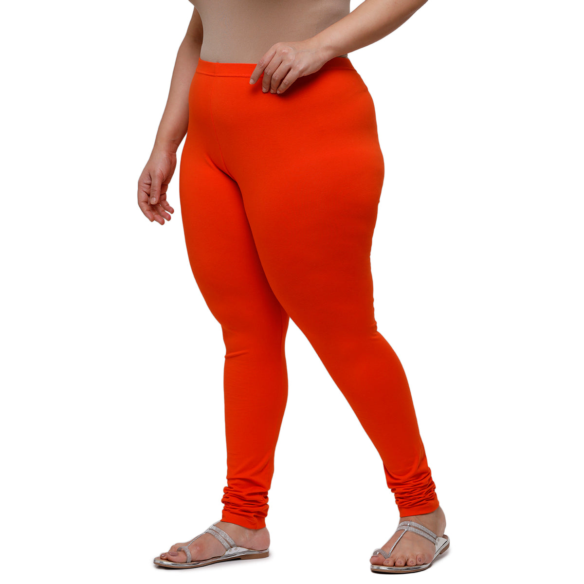 De Moza Women Plus Size Churidar Leggings Solid Cotton Orange