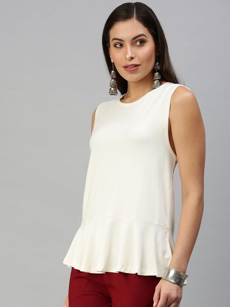 De Moza Women's Peplum Top Knit Top Solid Viscose OffWhite - De Moza