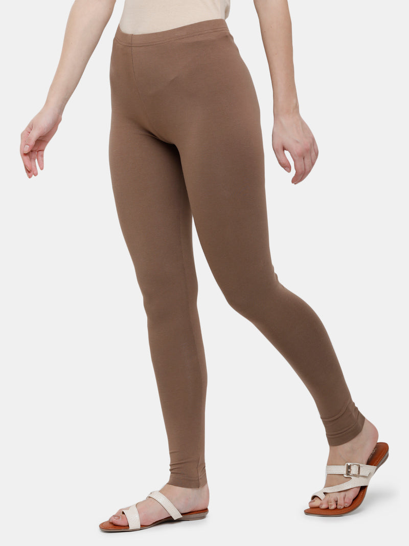 De Moza Ladies Ankle Length Leggings Solid Cotton Chocolate Brown