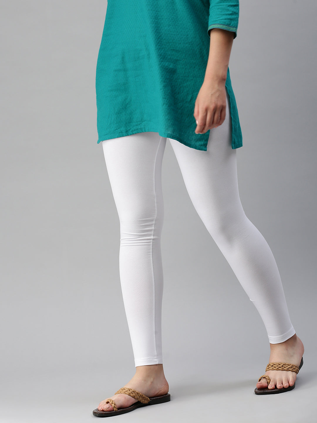 De Moza Women's Premium Ankle Length Leggings Solid Cotton White - De Moza (6679540400191)
