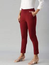 De Moza Ladies CigDe Moza Women's Cigarette Pant Maroonarette Pant  Solid Cotton Maroon - De Moza