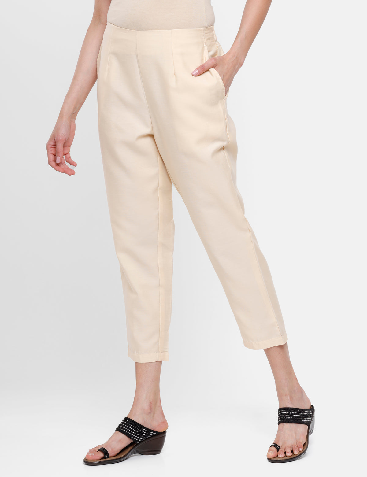 De Moza Ladies Straight Pant Solid Silk Beige - De Moza