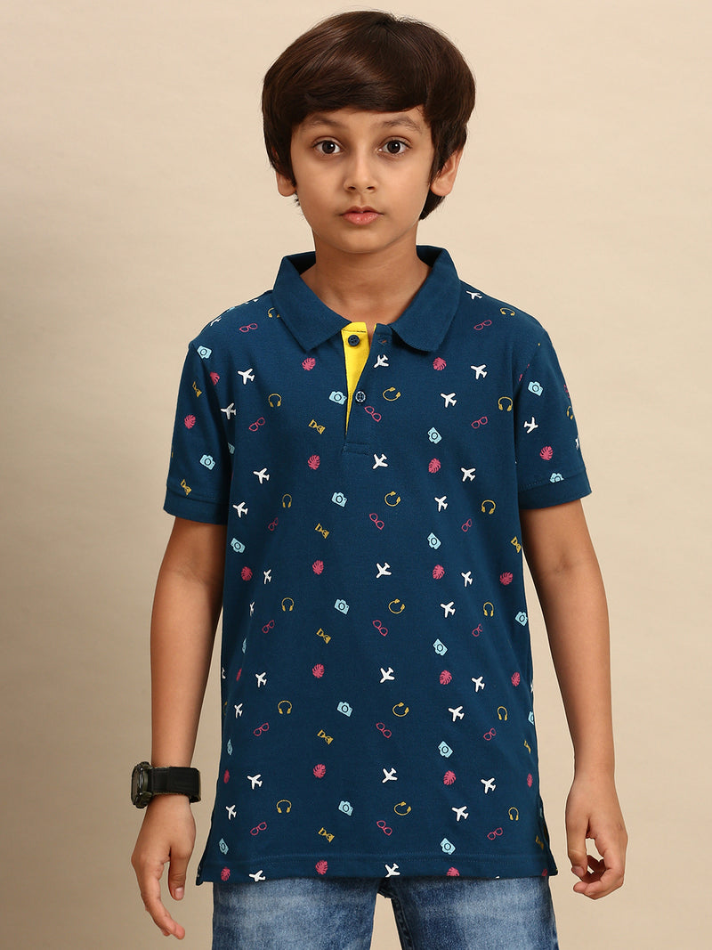 Kids - Boys Printed Half Sleeve T-Shirt Dark Blue