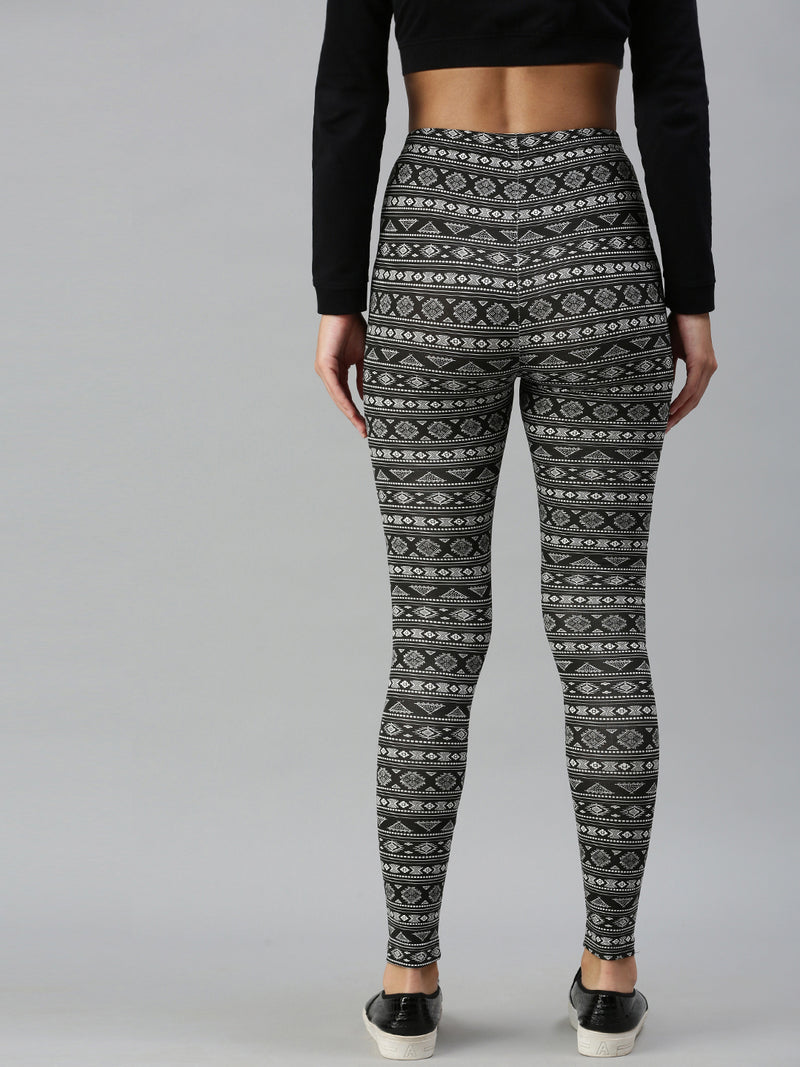 De Moza Ladies Printed Ankle Length Leggings Cotton Black - De Moza