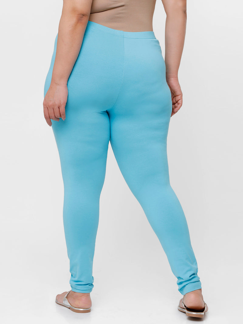 De Moza Ladies Plus Ankle Length Leggings Solid Cotton Sky Blue - De Moza