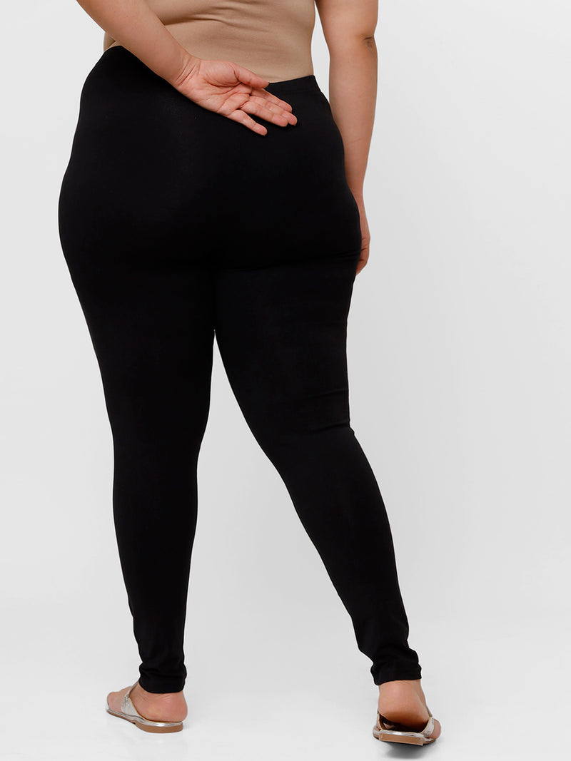 De Moza Ladies Plus Ankle Length Leggings Solid Cotton Black - De Moza