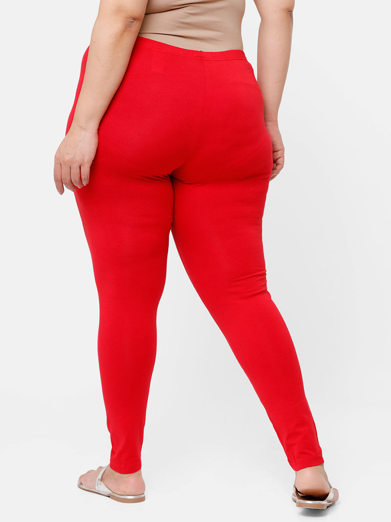 De Moza Ladies Plus Ankle Length Leggings Solid  Cotton True Red - De Moza