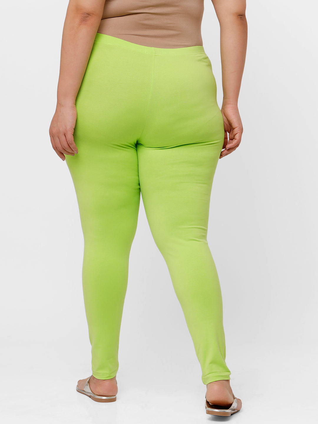 De Moza Ladies Plus Ankle Length Leggings Solid  Cotton Leaf Green - De Moza