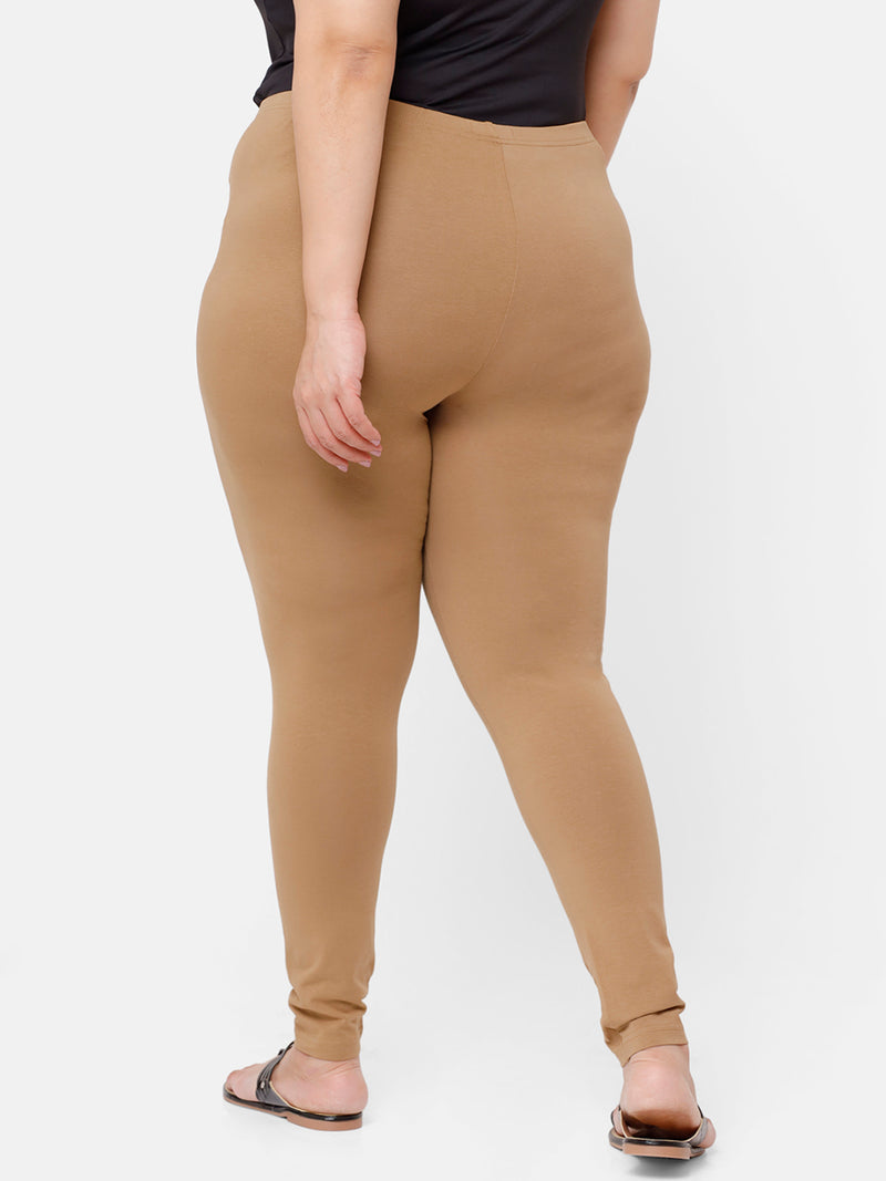 De Moza Ladies Plus Ankle Length Leggings Solid Cotton Golden Beige - De Moza