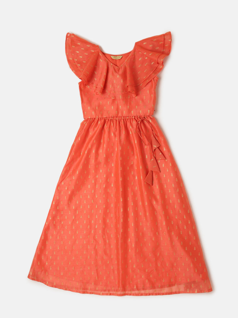 Pipin Girls Printed Lehanga Set Dark Coral