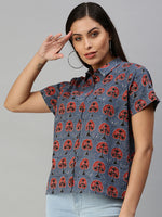 De Moza Women's Printed Half Sleeve Shirt Blue