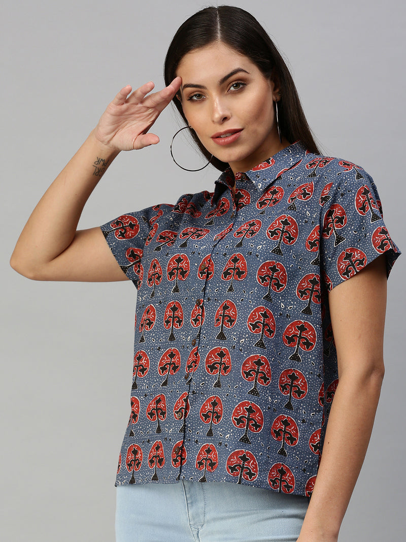 De Moza Women's Printed Half Sleeve Shirt Blue