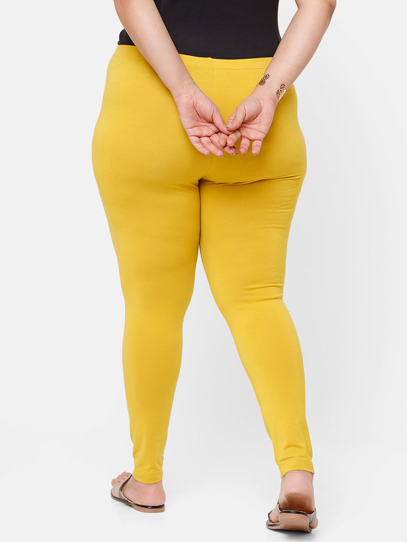 De Moza Ladies Plus Ankle Length Leggings Solid Cotton Light Mustard - De Moza