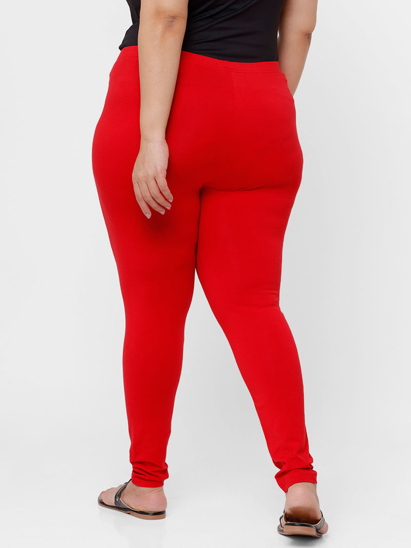 De Moza Ladies Plus Ankle Length Leggings Solid Cotton Red - De Moza