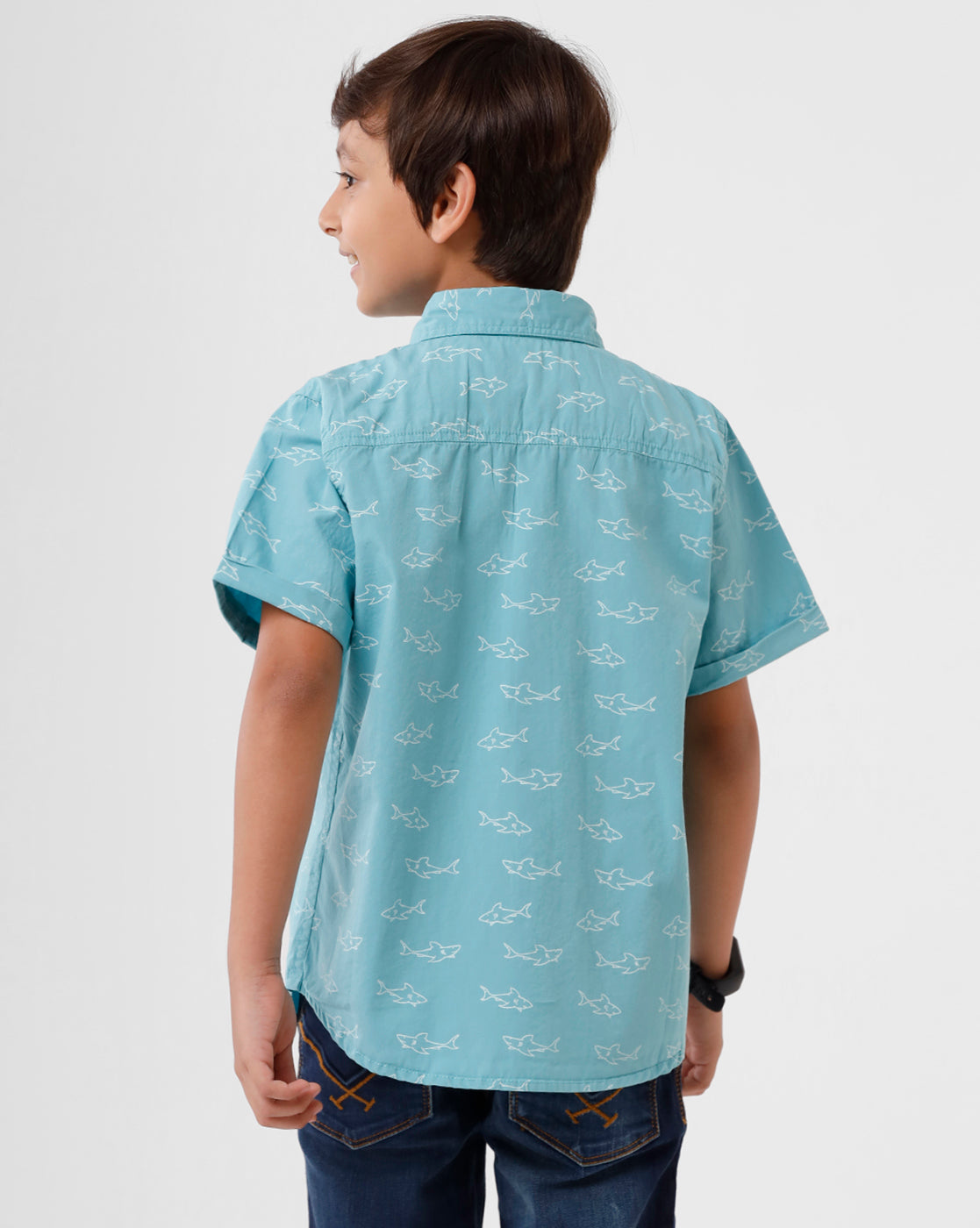 PIPIN Boys Shirt All Over Print Cotton Aqua - De Moza