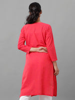 De Moza Womens 3/4Th Sleeve Kurta Solid Cotton Pink - De Moza