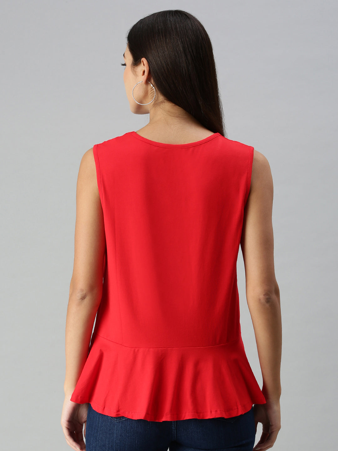 De Moza Ladies Peplum Top Solid Viscose Red - De Moza