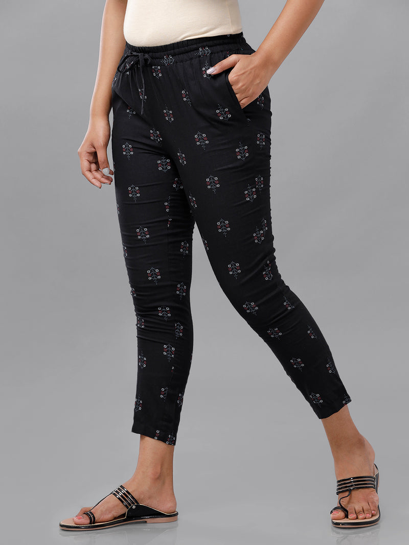 De Moza Ladies Printed Straight Pant Black