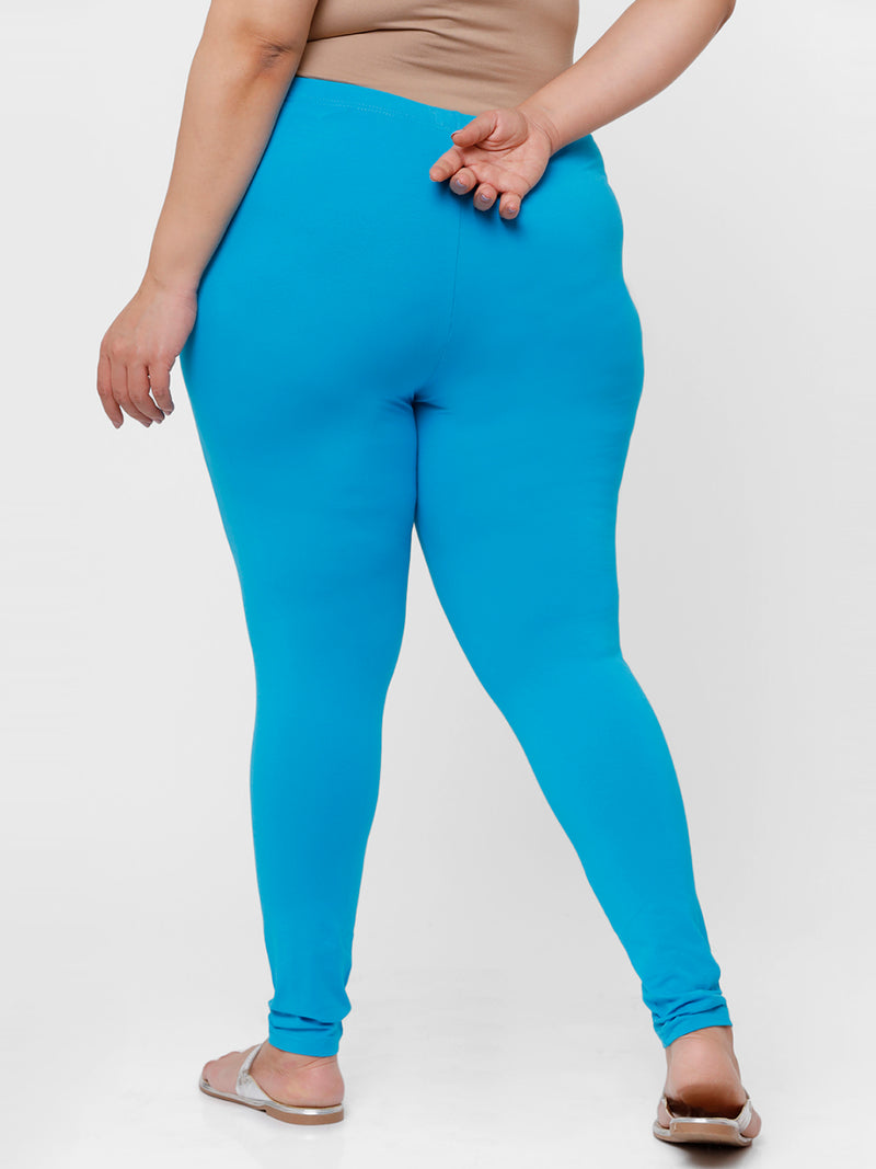 De Moza Ladies Plus Ankle Length Leggings Solid Cotton Light Blue - De Moza