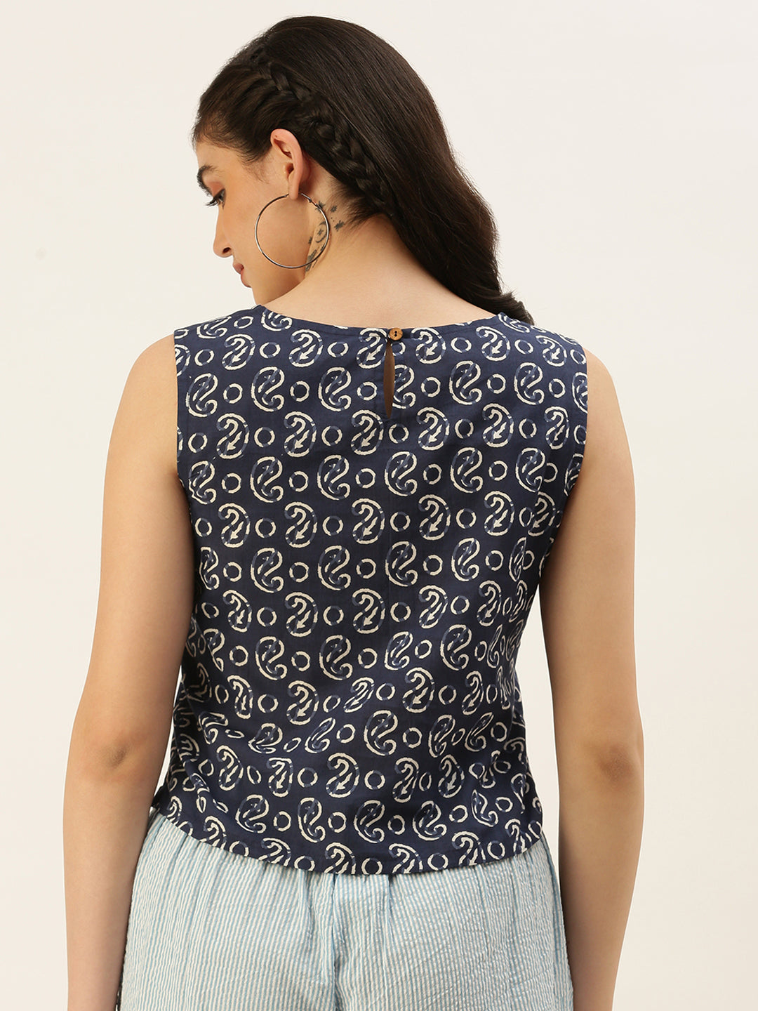 De Moza Women Printed Top Cotton Indigo - De Moza