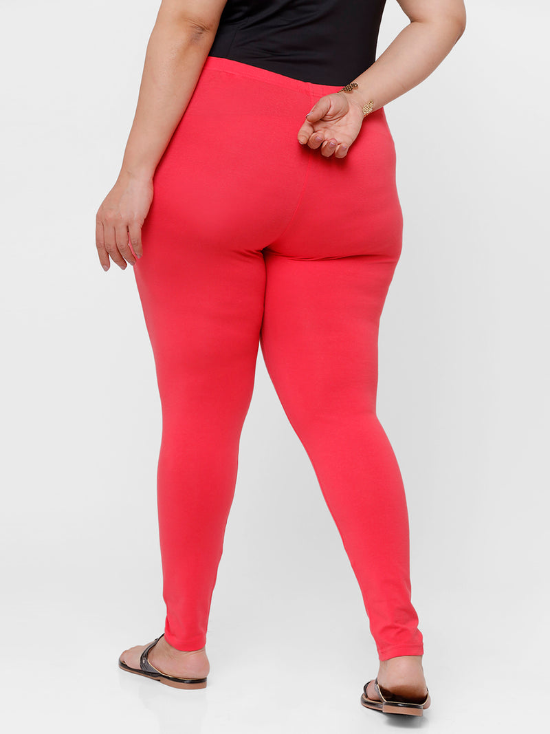 De Moza Ladies Plus Ankle Length Leggings Solid Cotton Coral - De Moza