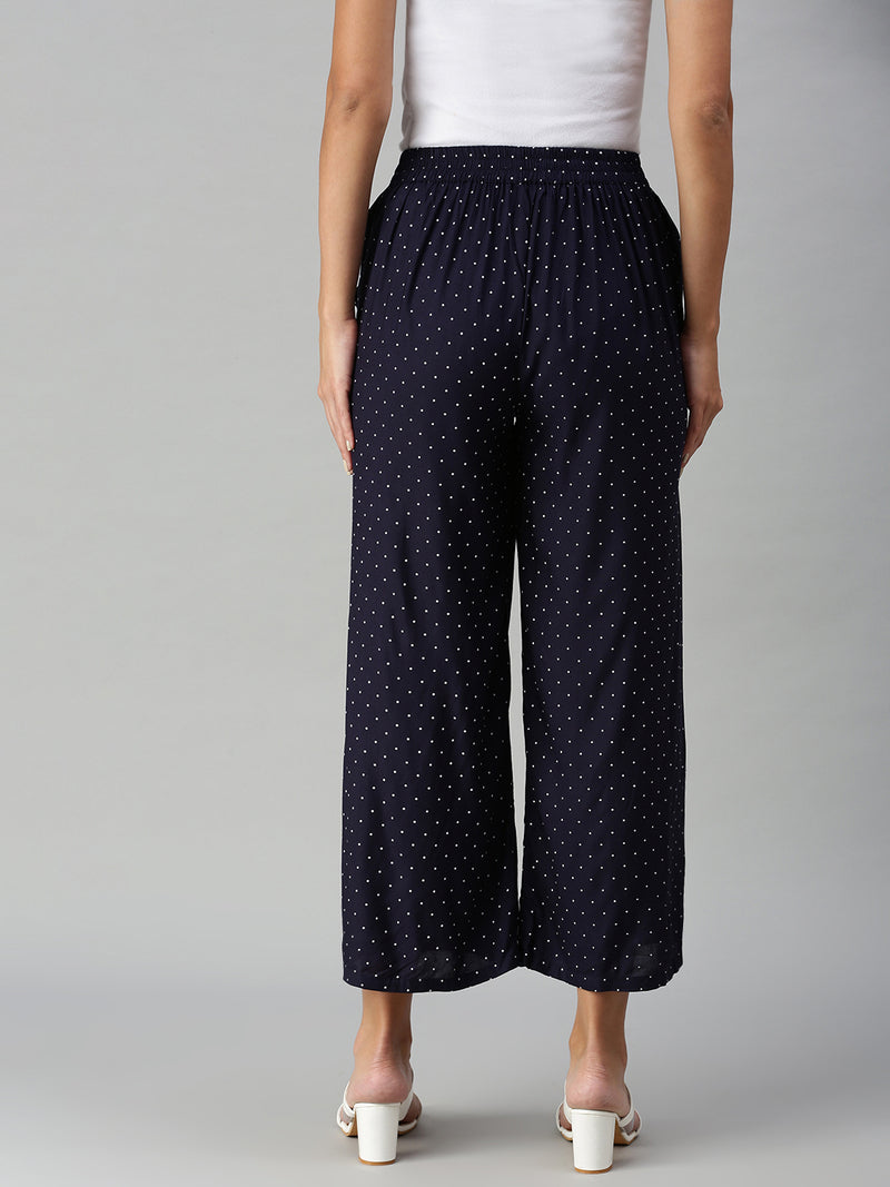 De Moza Ladies Printed Palazzo Rayon Navy Blue - De Moza