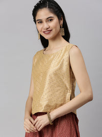 De Moza Womens Sleeveless Crop Top Embroidery Viscose Gold - De Moza