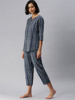 De Moza Ladies Printed Pyjama Set Navy Blue