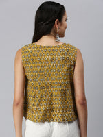 De Moza Womens Printed Peplum Top Cotton Mustard - De Moza