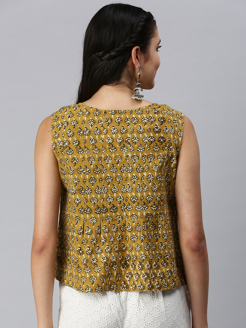 De Moza Womens Printed Peplum Top Cotton Mustard - De Moza